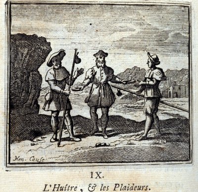 De Oester en de Procespartijen. Fabels van Jean de La Fontaine. Illustratie door François Chauveau. Editie van 1728. door Francois Chauveau