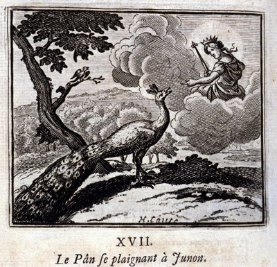 De Pauw die klaagt bij Juno. Fabels van Jean de La Fontaine. Illustratie door François Chauveau. Editie van 1728. door Francois Chauveau