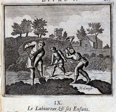 De Huiler en zijn Kinderen. Fabels van Jean de La Fontaine. Illustratie door François Chauveau. Editie van 1728. door Francois Chauveau