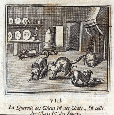 De ruzie van honden en katten, en die van katten en muizen. Fabels van Jean de La Fontaine. Illustratie door François Chauveau. Editie van 1728. door Francois Chauveau