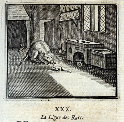 De rattenliga. Fabels door Jean de La Fontaine (1621-95). Illustratie door François Chauveau (1613-1676). Editie van 1728. door Francois Chauveau