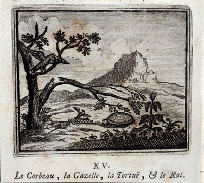 De Raaf, de Gazelle, de Schildpad en de Rat. Fabels door Jean de La Fontaine (1621-95). Illustratie door François Chauveau (1613-1676). Editie van 1728. door Francois Chauveau