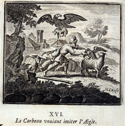 De Raaf die de Adelaar wil imiteren. Fabels van Jean de La Fontaine. Illustratie door François Chauveau. Editie van 1728. door Francois Chauveau