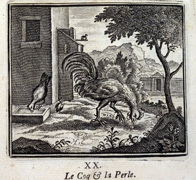 De haan en de parel. Fabels van Jean de La Fontaine (1621-95). Illustratie door François Chauveau (1613-1676). Editie van 1728. door Francois Chauveau