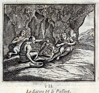 De satyr en de reiziger. Fabels door Jean de La Fontaine (1621-95). Illustratie door François Chauveau (1613-1676). Editie van 1728. door Francois Chauveau
