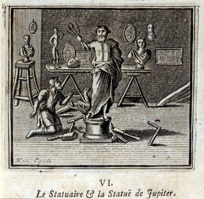 De beeldhouwer en het standbeeld van Jupiter. Fabels door Jean de La Fontaine (1621-95). Illustratie door François Chauveau (1613-1676). Editie van 1728. door Francois Chauveau