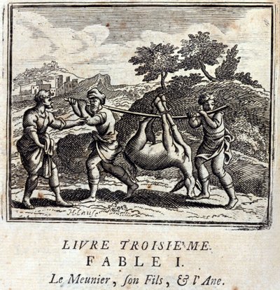 De Zuiger, zijn zoon en de Ezel. Fabels van Jean de La Fontaine. Illustratie door François Chauveau. Editie van 1728. door Francois Chauveau