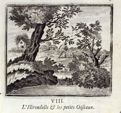De zwaluw en de kleine vogels. Fabels van Jean de La Fontaine. Illustratie door François Chauveau. Editie van 1728. door Francois Chauveau
