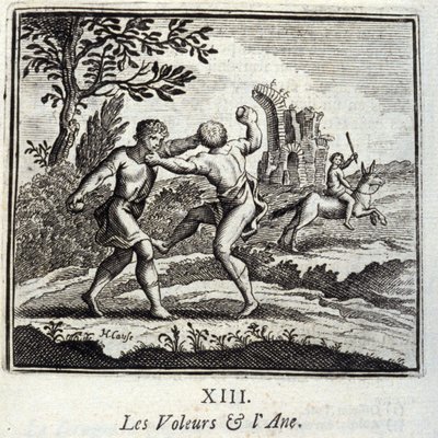 De dieven en de ezel. Fabels door Jean de La Fontaine (1621-95). Illustratie door François Chauveau (1613-1676). Editie van 1728. door Francois Chauveau