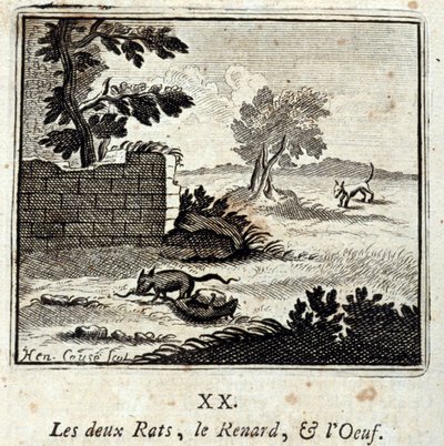 De twee ratten, de vos en het ei. Fabels door Jean de La Fontaine (1621-95). Illustratie door François Chauveau (1613-1676). Editie van 1728. door Francois Chauveau