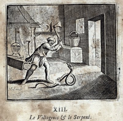 De dorpsbewoner en de slang. Fabels van Jean de La Fontaine. Illustratie door François Chauveau. Editie van 1728. door Francois Chauveau