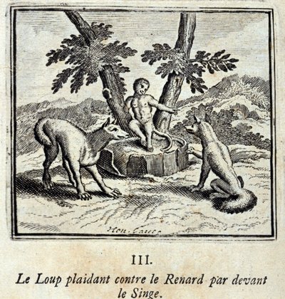 De wolf klaagt tegen de vos voor de aap. Fabels van Jean de La Fontaine (1621-95). Illustratie door François Chauveau (1613-1676). Editie van 1728. door Francois Chauveau