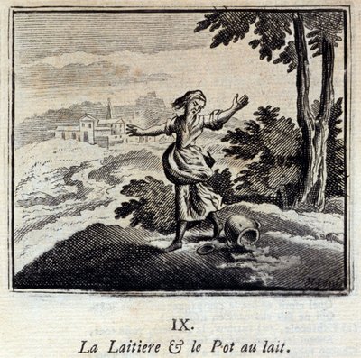 De melkmeid en de melkkan. Fabels door Jean de La Fontaine. Illustratie door François Chauveau. Editie van 1728 door Francois Chauveau