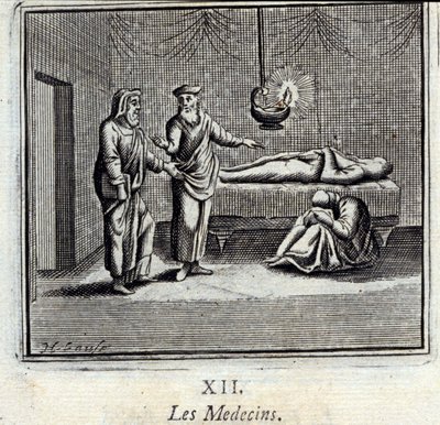 De dokters. Fabels van Jean de La Fontaine. Illustratie door François Chauveau. Editie van 1728. door Francois Chauveau