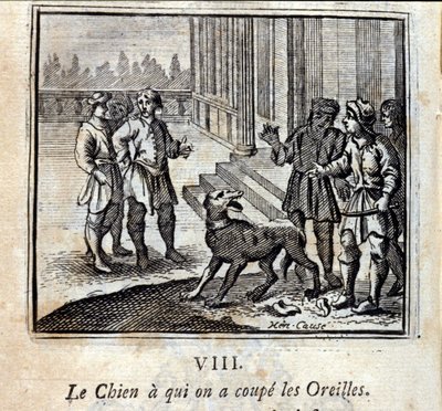 De hond waarvan we zijn oren afsneden. Fabels van Jean de La Fontaine. Illustratie door François Chauveau. Editie van 1728. door Francois Chauveau