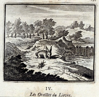 De oren van de haas. Fabels van Jean de La Fontaine. Illustratie door François Chauveau. Editie van 1728. door Francois Chauveau
