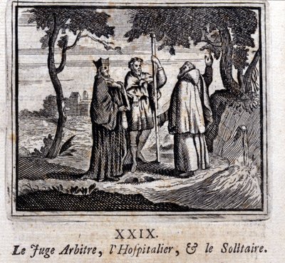 De rechter scheidsrechtert de Hospitaalridder en de Kluizenaar. Fabels door Jean de La Fontaine. Illustratie door François Chauveau. Editie van 1728 door Francois Chauveau
