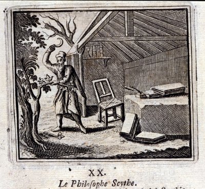 De filosoof Scythe. Fabels van Jean de La Fontaine. Illustratie door François Chauveau. Editie van 1728. door Francois Chauveau