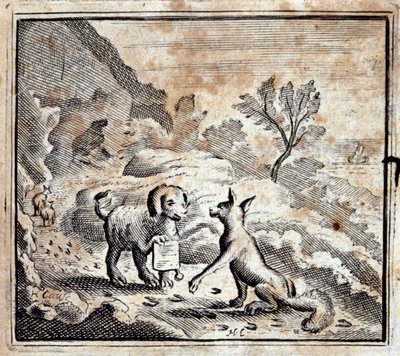 De zieke leeuw en de vos. Fabels door Jean de La Fontaine (1621-95). Illustratie door François Chauveau (1613-1676). Editie van 1728. door Francois Chauveau