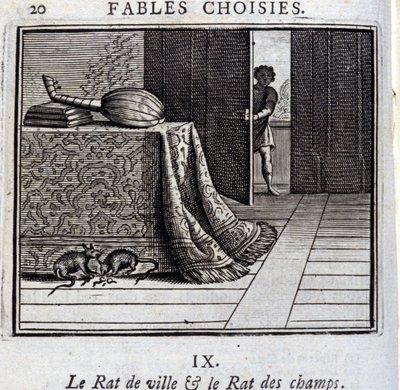 De stadsmuis en de veldmuis. Fabels door Jean de La Fontaine. Illustratie door François Chauveau. Editie van 1728 door Francois Chauveau