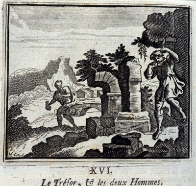 De schat en de twee mannen. Fabels van Jean de La Fontaine (1621-95). Illustratie door François Chauveau (1613-1676). Editie van 1728. door Francois Chauveau