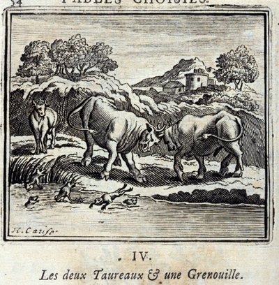 De twee Stieren en een Kikker. Fabels van Jean de La Fontaine. Illustratie door François Chauveau. Editie van 1728. door Francois Chauveau