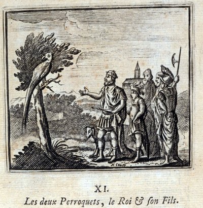 De twee Papegaaien, de Koning en zijn Zoon. Fabels van Jean de La Fontaine. Illustratie door François Chauveau. Editie van 1728. door Francois Chauveau