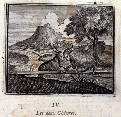 De twee geiten. Fabels door Jean de La Fontaine (1621-95). Illustratie door François Chauveau (1613-1676). Editie van 1728. door Francois Chauveau