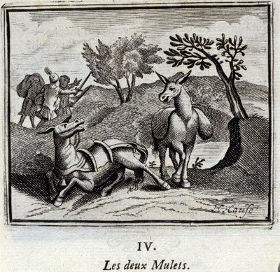 De twee muilezels. Fabels van Jean de La Fontaine. Illustratie door François Chauveau. Editie van 1728. door Francois Chauveau