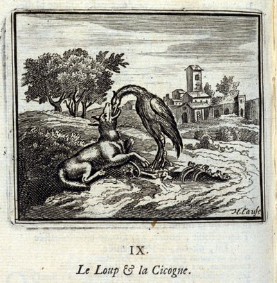 De wolf en de ooievaar. Fabels door Jean de La Fontaine (1621-95). Illustratie door François Chauveau (1613-1676). Editie van 1728. door Francois Chauveau