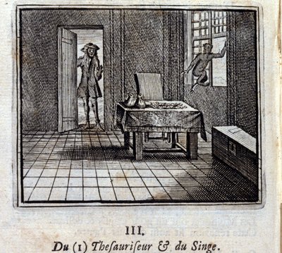 De Schatbewaarder en de Aap. Fabels van Jean de La Fontaine. Illustratie door François Chauveau. Editie van 1728. door Francois Chauveau