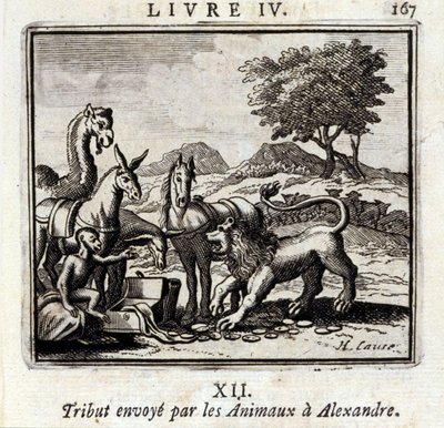 Hulde gebracht door de Dieren aan Alexander. Fabels van Jean de La Fontaine. Illustratie door François Chauveau. Editie van 1728. door Francois Chauveau
