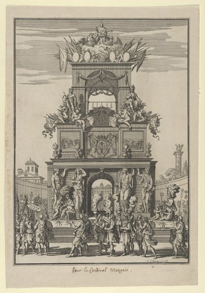 Triomfboog opgericht ter ere van kardinaal Mazarin na het Verdrag van de Pyreneeën..., ca. 1664-65 door Francois Chauveau