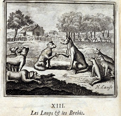 Wolven en schapen. Fabels van Jean de La Fontaine. Illustratie door François Chauveau. Editie van 1728. door Francois Chauveau