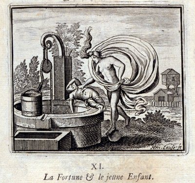 Fortuna en het jonge kind. Fabels door Jean de La Fontaine (1621-95). Illustratie door François Chauveau (1613-1676). Editie van 1728. door Francois Chauveau