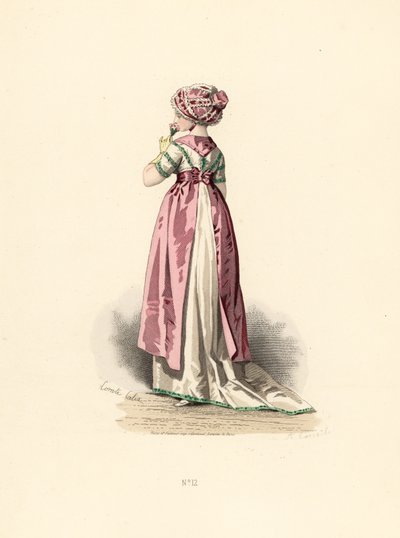 Vrouw in witte jurk en corsage met groene rand, roze schort door Francois Claudius (after) Compte Calix