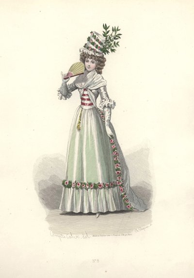 Vrouw in met bloemen versierde outfit, tijdperk van Marie Antoinette. door Francois Claudius Compte Calix