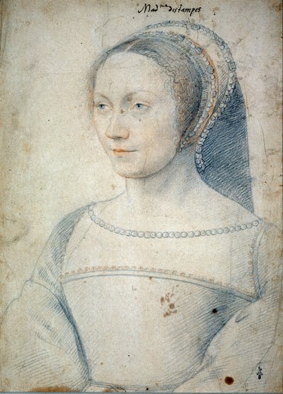 Portret van Anne de Pisseleu, vrouw van Jean de Brush, Hertogin van Etampes (1508 - 1576). Tekening met zwarte steen en rood krijt door Francois Clouet (1515-1572) door François Clouet