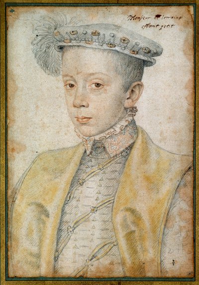 Portret van Karel II Hertog van Lotharingen en Bar (1543-1608). Tekening met rood krijt en zwarte steen door Clouet Francois (1515-1572) door François Clouet