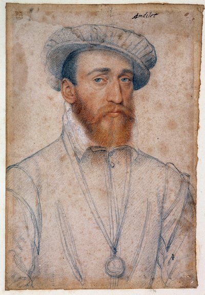 Portret van Francois de Coligny, heer van Andelot (1521 - 1569). Tekening met rood krijt en zwarte steen door Clouet Francois (1515-1572) door François Clouet