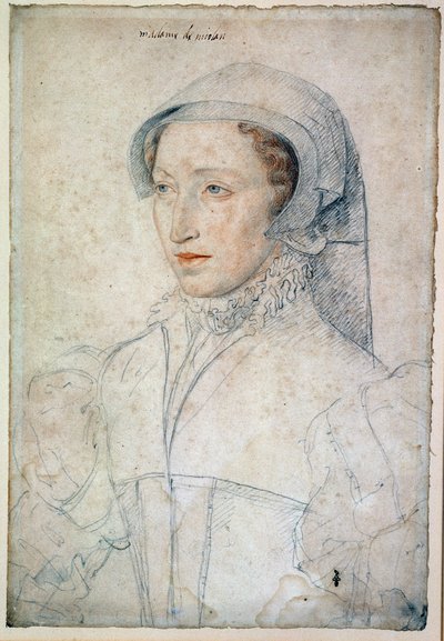 Portret van Francoise Mareschal van het Parc dame van Mitte-de-Miolans (Mitte de Miolans), vrouw van John III van Miolans (circa 1520-1575). Ere-dame van Catherine de Medicis (Caterina de Medici). Tekening met zwarte steen en rood krijt door Francois Cloue door François Clouet