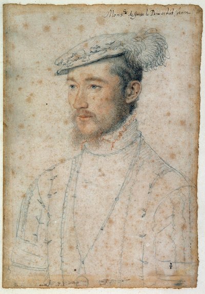 Portret van François de Lorraine, Hertog van Guise (1520 - 1563). Tekening met rood krijt en zwarte steen door Clouet Francois (1515-1572) door François Clouet