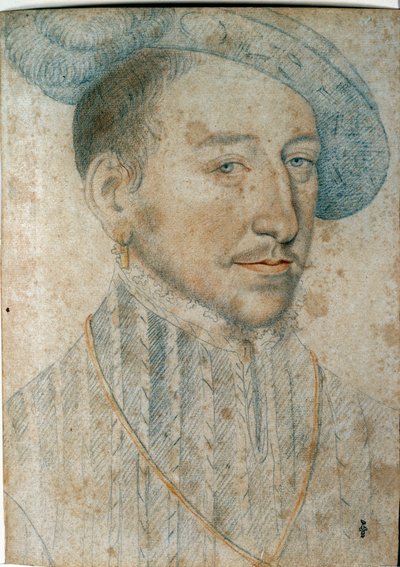 Portret van Hendrik II (1519 - 1559), Koning van Frankrijk. Tekening met zwarte steen en rood krijt door Francois Clouet (1515-1572) door François Clouet