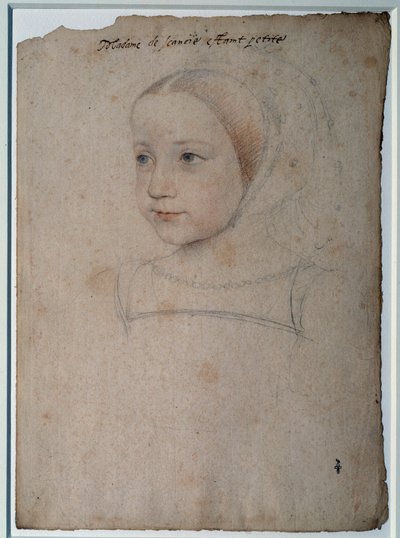 Portret van Marguerite de France (1523-1574) als kind, dochter van Francois I, hertogin van Savoye. Tekening met zwarte steen, bloed versterkt met aquarel door Francois Clouet (1515-1572) 16e eeuw Chantilly, Musee Conde door François Clouet