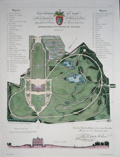 Algemeen plan van de tuin van het Chateau de Maisons, eigendom van Thomas de Colmar, gegraveerd door G. Lorsignol door Francois Duvillers