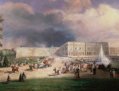 Louis-Philippe koning van Frankrijk, zijn familie en de hertogin van Kent wonen de Grandes Eaux bij in Versailles, Frankrijk, mei 1844 (Detail) door Francois Edme Ricois