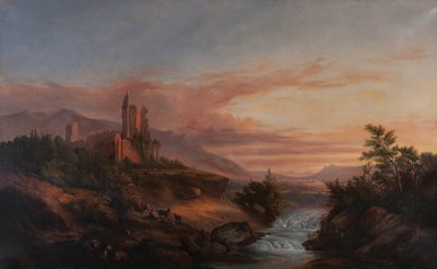 Ruïnes van een kasteel in een vallei in de Alpen (Beauvoir-en-Royans) c.1830 door Francois Edme Ricois