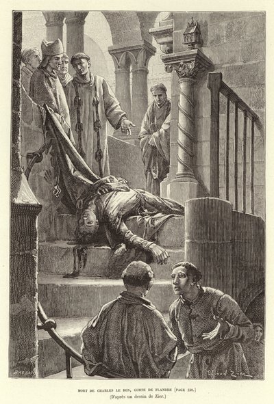 De dood van Karel de Goede, Graaf van Vlaanderen, Brugge door Francois Edouard (after) Zier