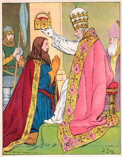 Karel de Grote gekroond door paus Leo III in de Sint-Pietersbasiliek in Rome op 25 december 800 door Francois Edouard Zier