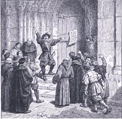 Robert Aske bevestigt zijn proclamatie aan de deur van York Minster, uit Cassells Geschiedenis van het Britse Volk, uitgegeven door de Waverley Book Company, ca. 1950